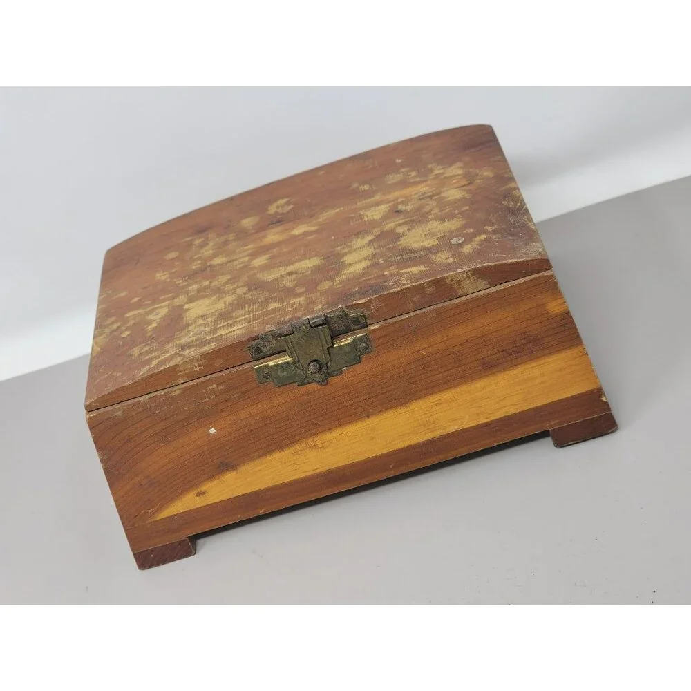 Vintage Small Cedar Wood Jewelry Keepsake Box Solid Wood Construction Stamped101